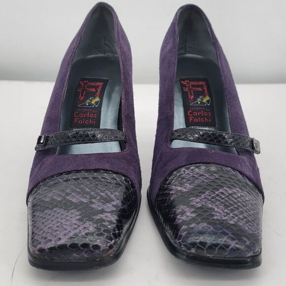 Carlos Falchi Vintage Size 6.5 Purple Suede Leather high Heels Retro Square Toe - Picture 2 of 9